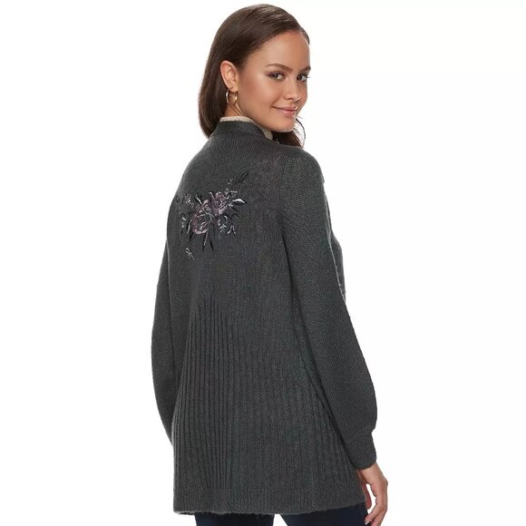 Mudd Embroidered Bishop Sleeve Cardigan Women M Open Front Green Comfort Relaxed - Picture 1 of 10